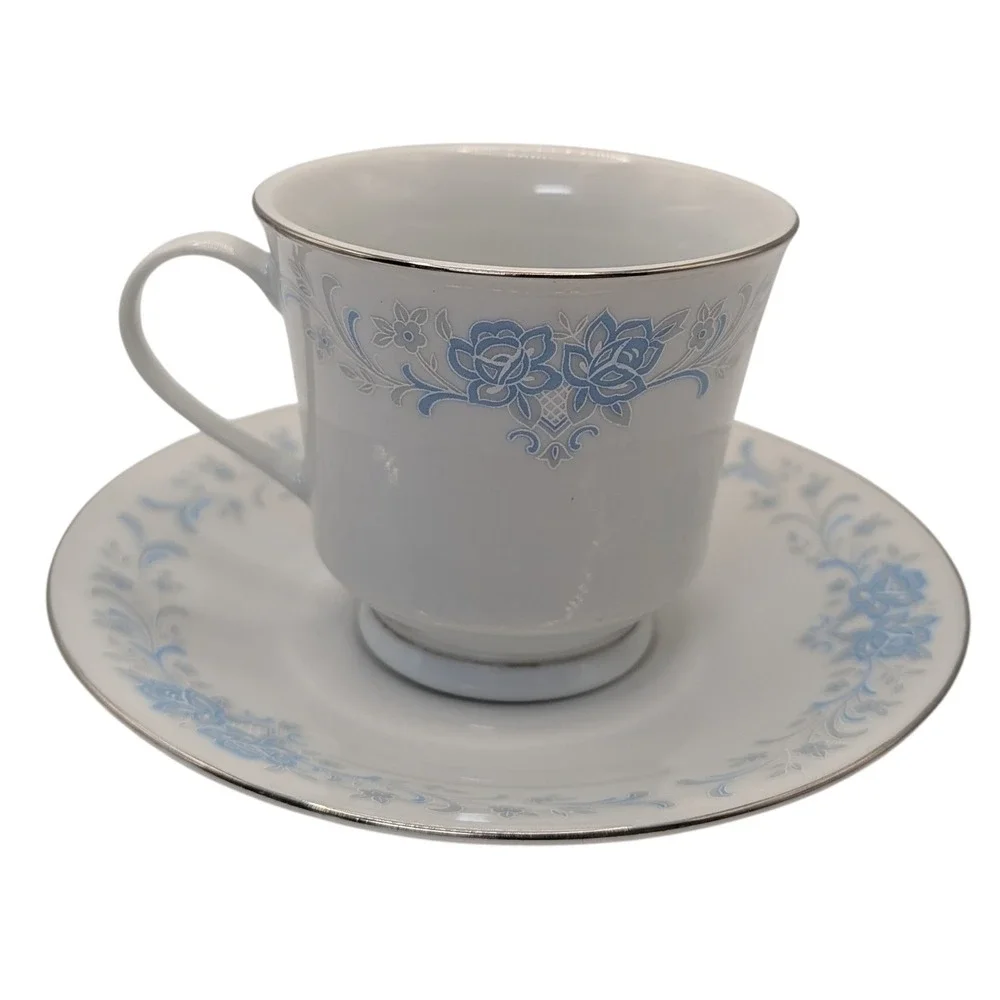 Vintage China‎ Teacup and Saucer Footed Blue and Gray Floral Platinum Edge